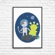 Plakat dla dzieci - Kosmos - Ufoludek - czarna ramka cegly